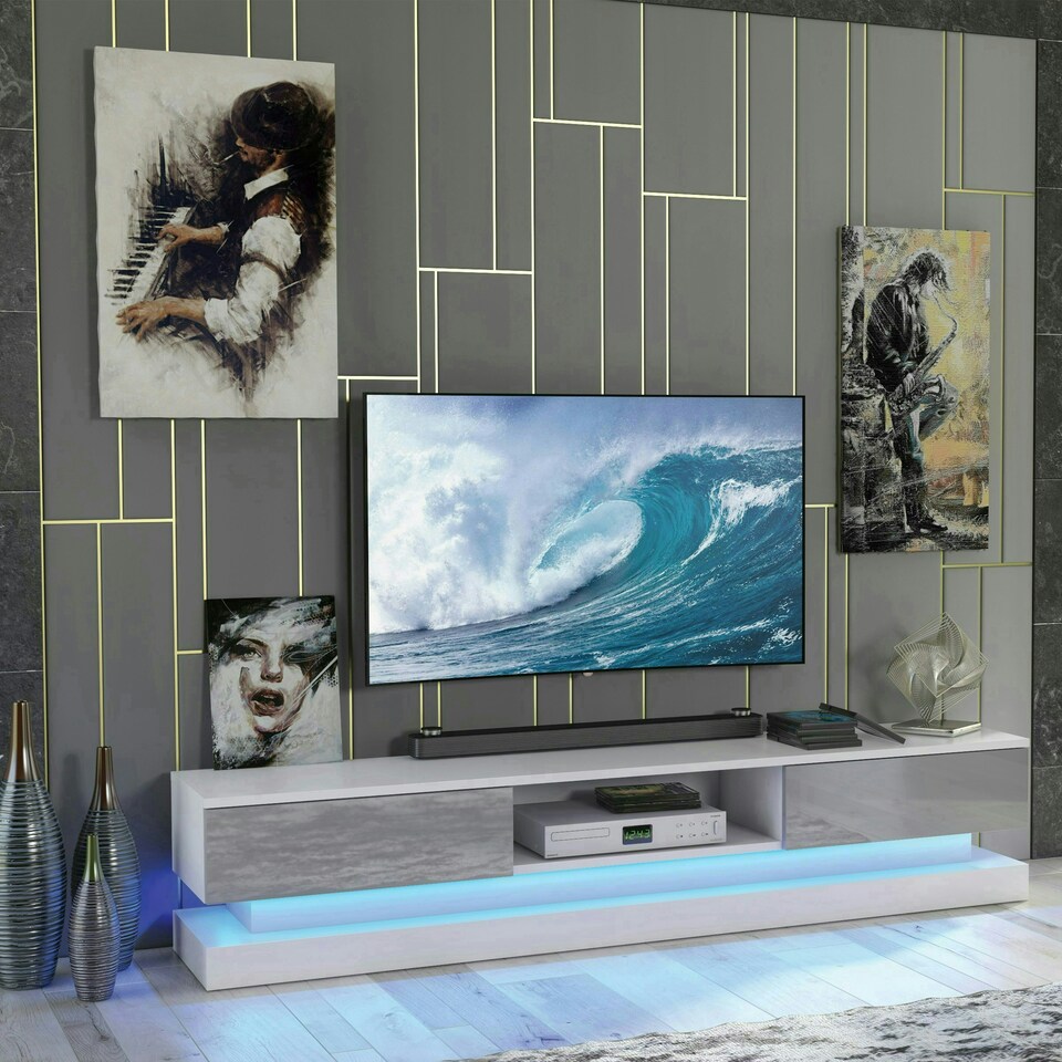 image 1 of TV Unit 180cm Grey Gloss Fronts White Matt Body with LED Platform White | Grey