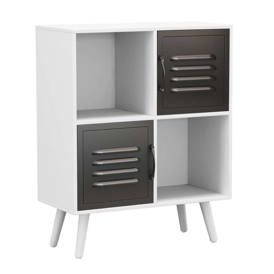 image 1 of White 4-Cube Storage Unit with 2 Metal Doors and Legs | Black | Black & White | 1