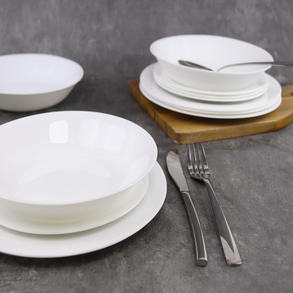 image 1 of White Opal Glass Dinner Set Plates Soup Bowls Dinnerware | White | Aria - Round - 12 Pcs | 12