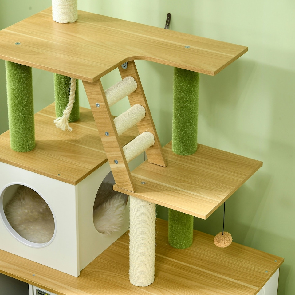 image 1 of PawHut 2-in-1 Hidden Litter Box with Green Leaf Cat Tree, Indoor - Oak