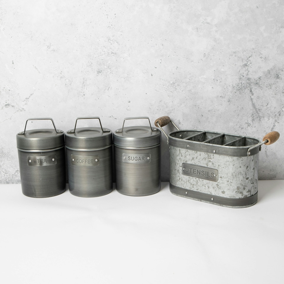 image 1 of 4pc Industrial Kitchen Storage Set with Galvanised Steel Utensil Holder and Tea, Coffee & Sugar Metal Storage Canisters