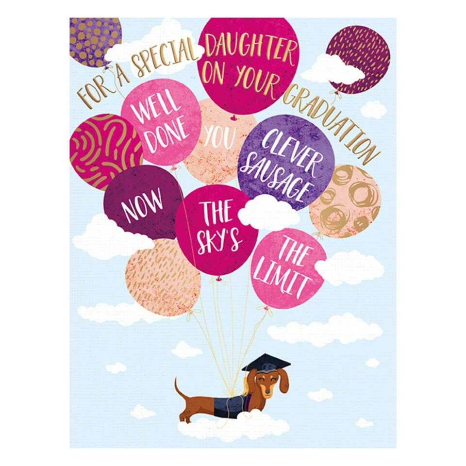 Words 'n' Wishes Graduation Card Daughter Dog With Lots Of Balloons