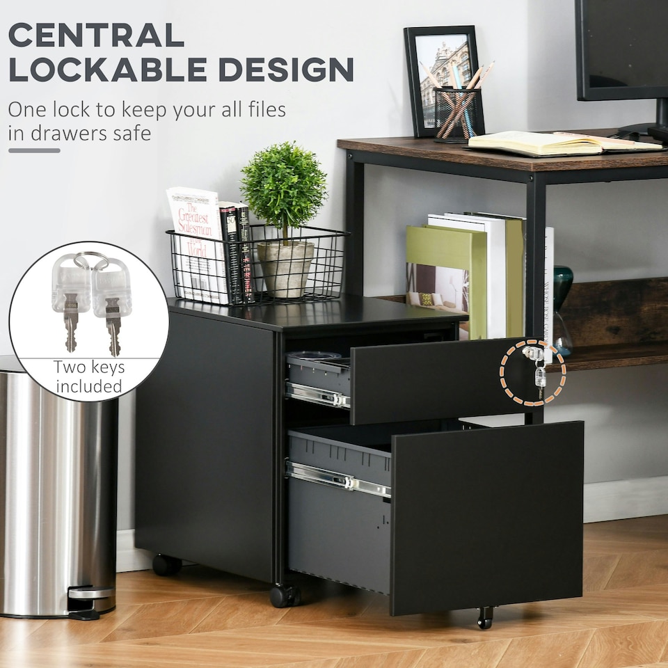 image 1 of Vinsetto Mobile File Cabinet Steel Lockable w/ Pencil Tray for A4, Letters Black