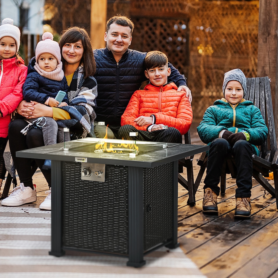 image 1 of Outsunny Outdoor PE Rattan Gas Fire Pit Table, Patio Square Propane Heater with Marble Desktop, Rain Cover, Glass Windscreen, and Glass Stones, 50,000 BTU, Black