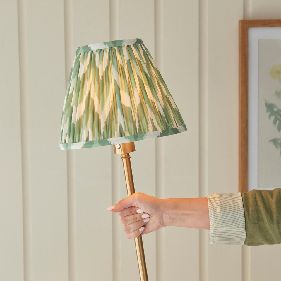 image 1 of Burley Rechargeable Brushed Aged Brass Plate Floor Lamp with Cotswold Green Fabric Zigzag Shade 25cm Integrated LED