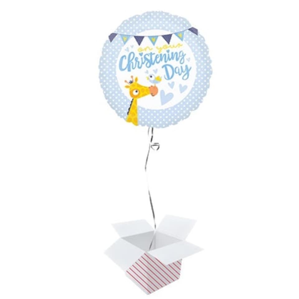 Christening Day Blue Round Foil Helium Balloon - Inflated Balloon in a Box