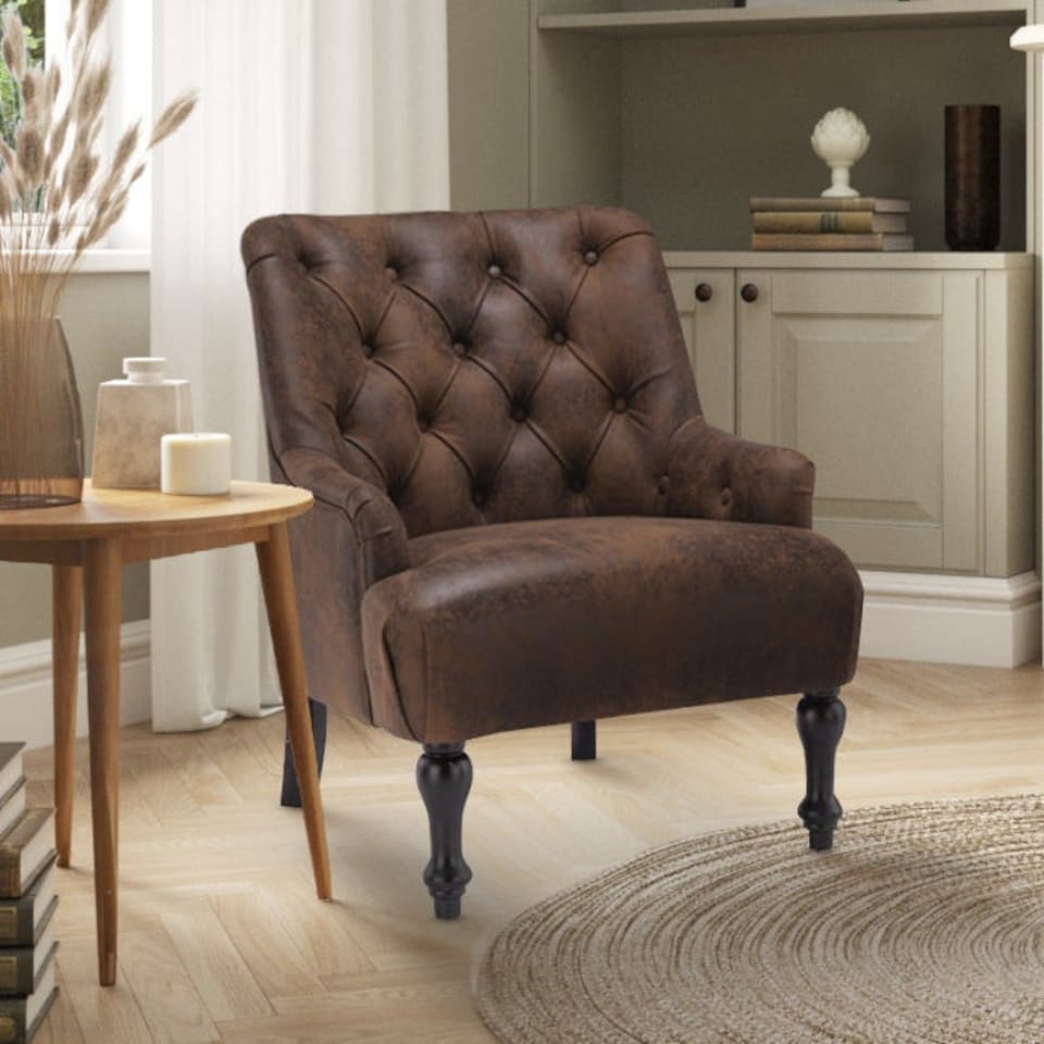 image 1 of Faux Leather Suede Brown Armina Accent Chair