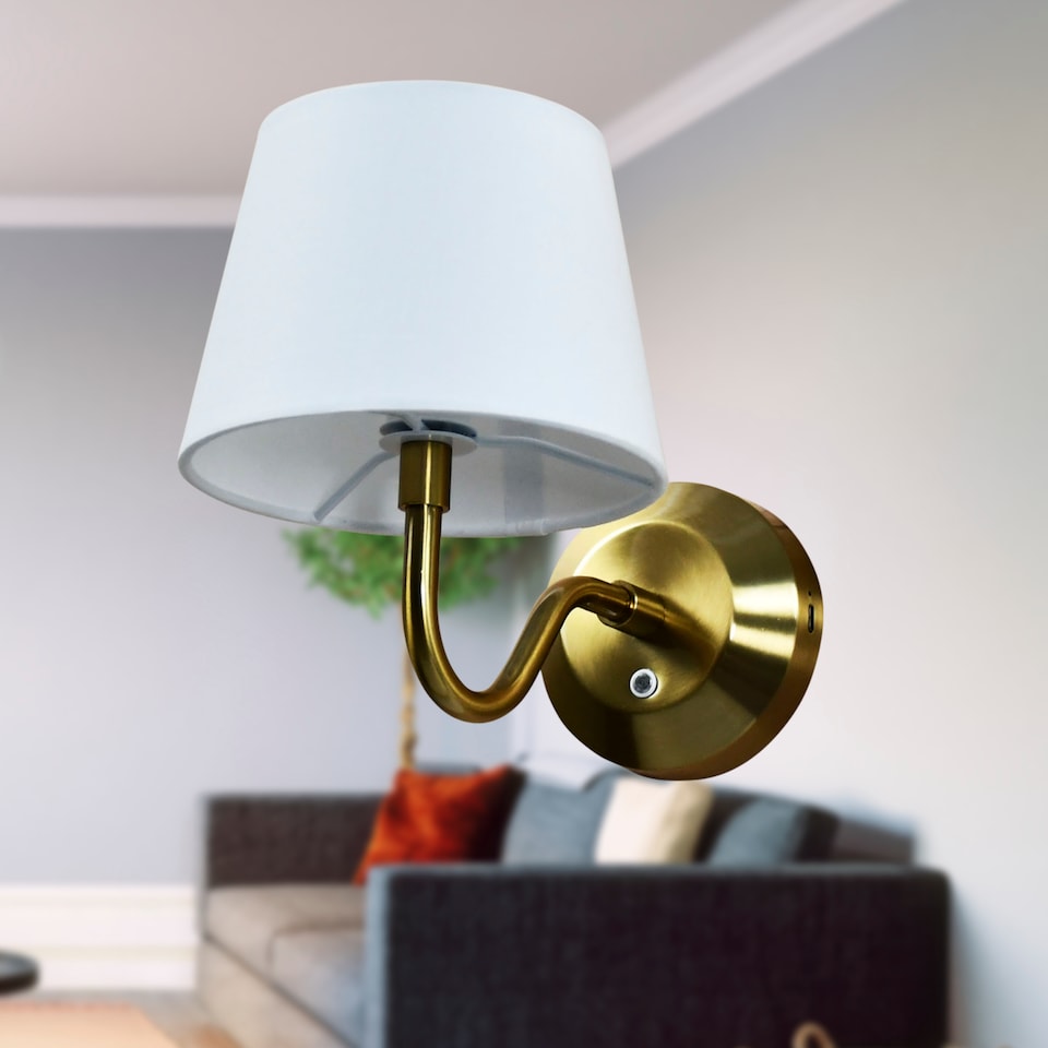 image 1 of Set of 2 Hamilton - Brass Rechargeable Wall Lights with White Shades
