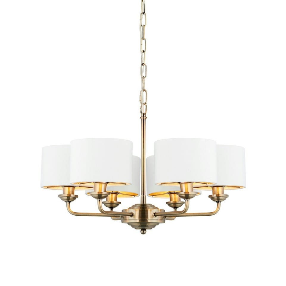 image 1 of Highclere Multi Arm Shade Pendant Ceiling Lamp, Antique Brass Plate, Vintage White Fabric