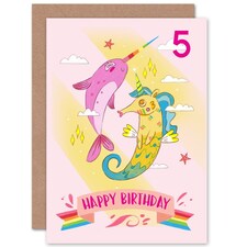 Unicorn Seahorse Narwhal Cartoon Age 5 Year Old Kids 5th Birthday Card