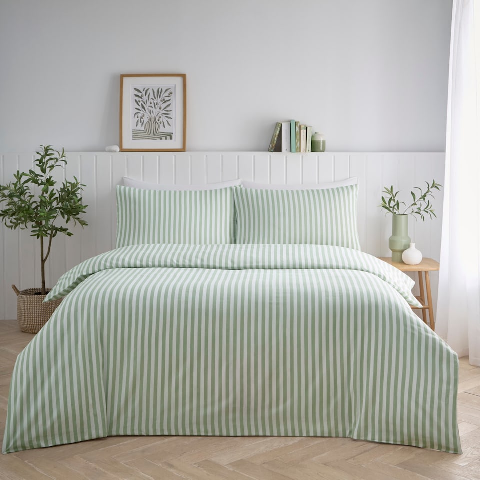 image 1 of Pencil Stripe Geometric Soft Easy Care Bed Linen Bedding Duvet Cover Set With Pillow Cases | Green | Sage | Super King