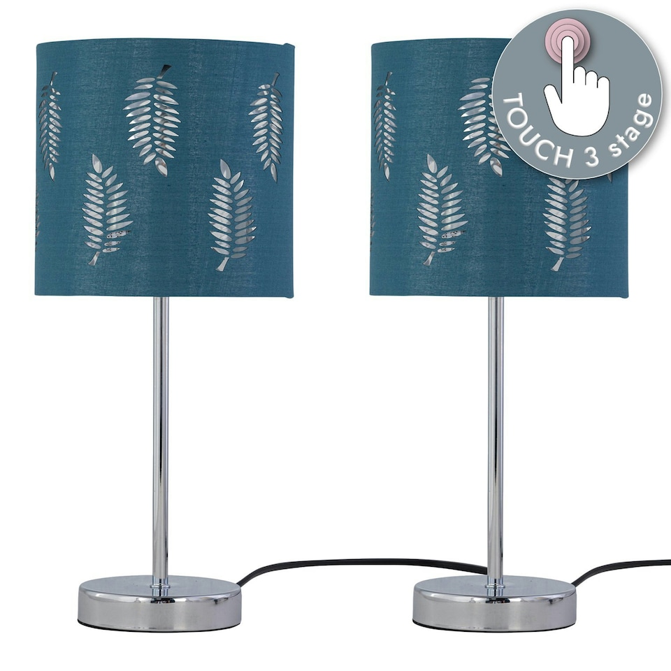 image 1 of First Choice Lighting Set of 2 Chrome Touch Operated Table Lamps with Teal Fern Shades Chrome | Green