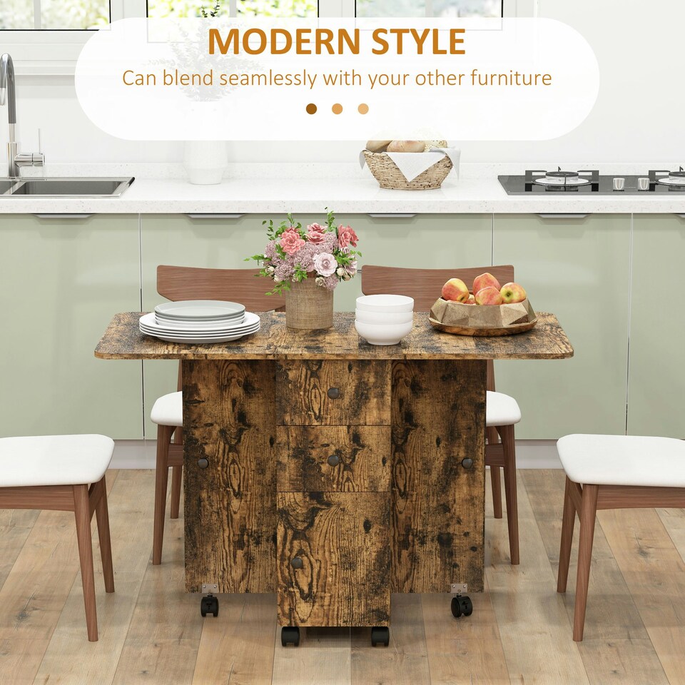 image 1 of HOMCOM Folding Dining Table, Drop Leaf Table With Drawers Rustic Brown