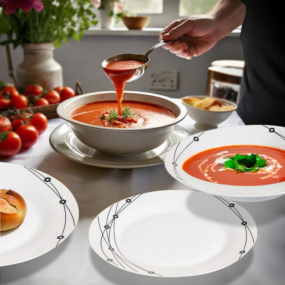 image 1 of 16pc Dinner Set Bowl Plate Mug Soup Side Dishes Porcelain Gift Kitchenware Black Pattern