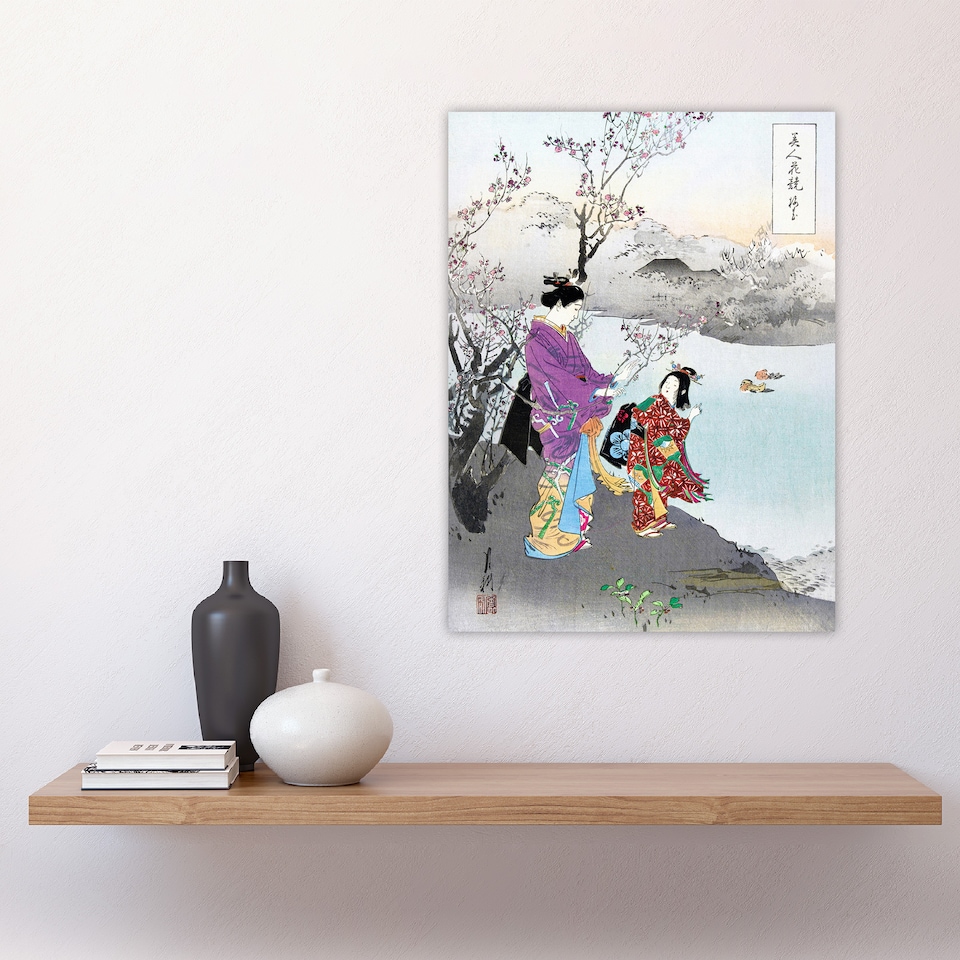 image 1 of Woman Admiring Plum Blossom Vintage Japan Wall Art Print Gekko 18x24"