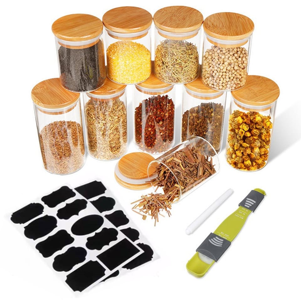 image 1 of Living and Home Glass Storage Organizer Jar Set with Bamboo Lids | Brown