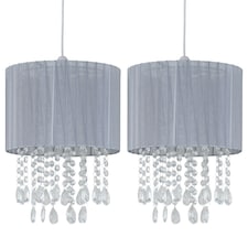 First Choice Lighting Set of 2 Voile 25cm Jewelled Grey Ribbon Pendant Shades Grey | Clear