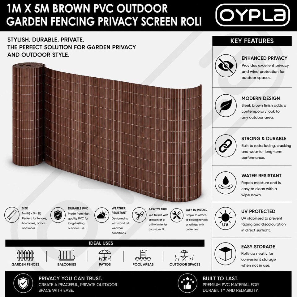 image 1 of 1m x 5m Brown PVC Outdoor Garden Fencing Privacy Screen Roll | Brown | 1
