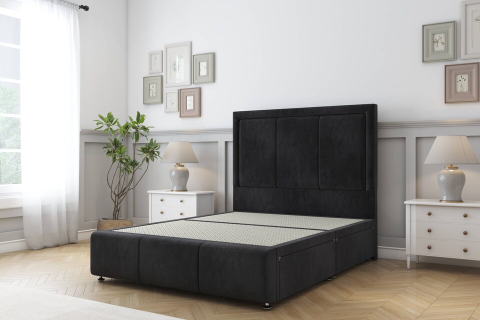 image 1 of Sloomy Lancaster Black Naples Divan Bed Base 2 Drawers Right Side With 26 Inch Strutted Headboard & 12 Inch Matching Footboard | Black | Black | Single | 1