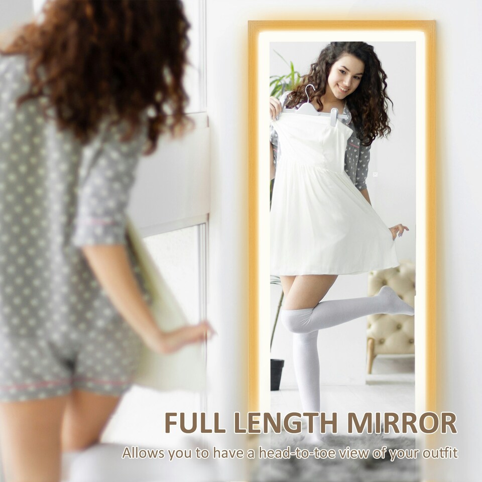 image 1 of HOMCOM Dimming Full Length Mirror w/ Lights Standing Leaning Wall Mount Oak