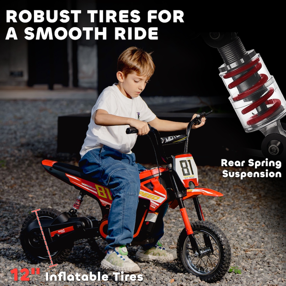 image 1 of AIYAPLAY Kids Electric Motorbike, 24V Battery Powered Dirt Bike with 250W Motor, 6-16km/h, 7AH Batteries, 12" Inflatable Tires and Rear Suspension, Ride On Motorcycle for 8-12 Years Old | Red