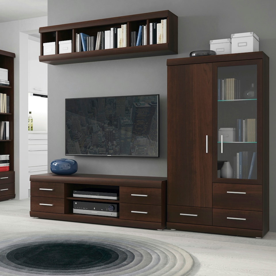 image 1 of Imperial 2 Door 3 Drawer Glazed Display Cabinet in Dark Mahogany Melamine