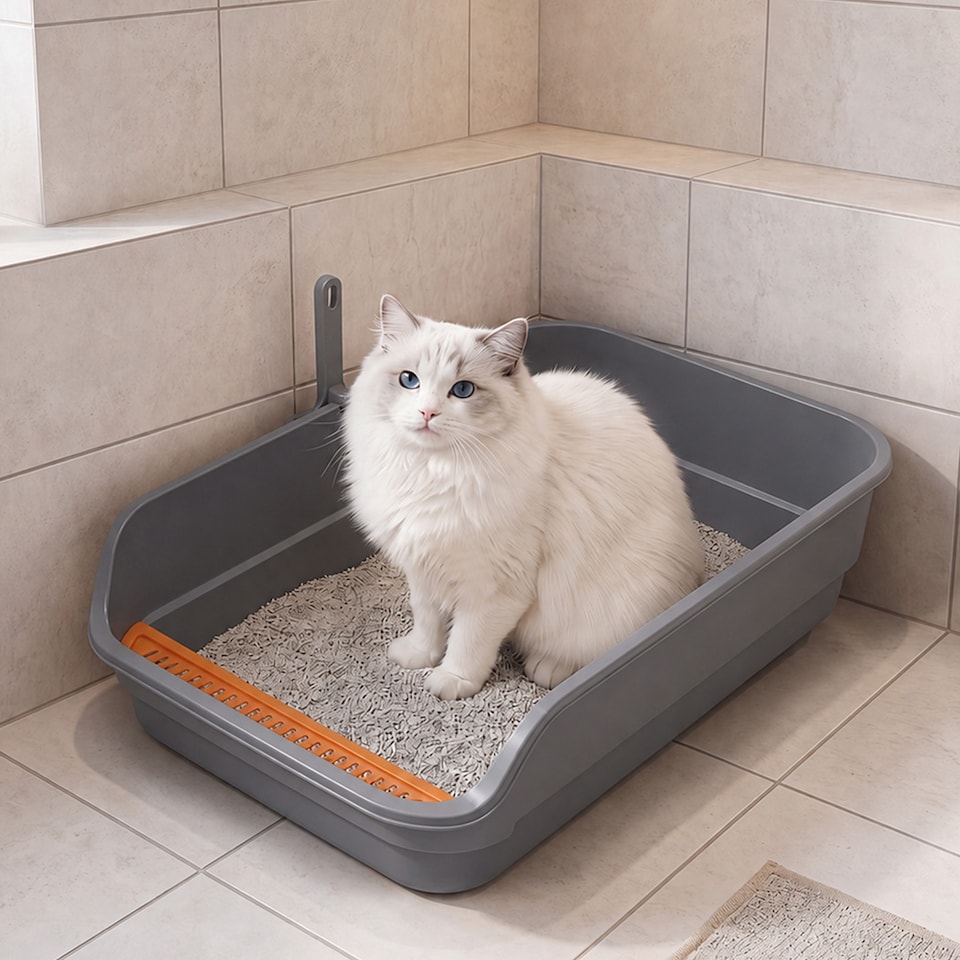 image 1 of Skylos Cat Litter Tray Spacious High Sided Low Entry Open Pan for Cats Grey