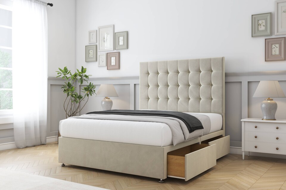 image 1 of Sloomy Alabama Cream Plush Divan Bed Base 2 Drawers Same Side With 26 Inch Strutted Headboard | Cream | Cream | Small Double | 1