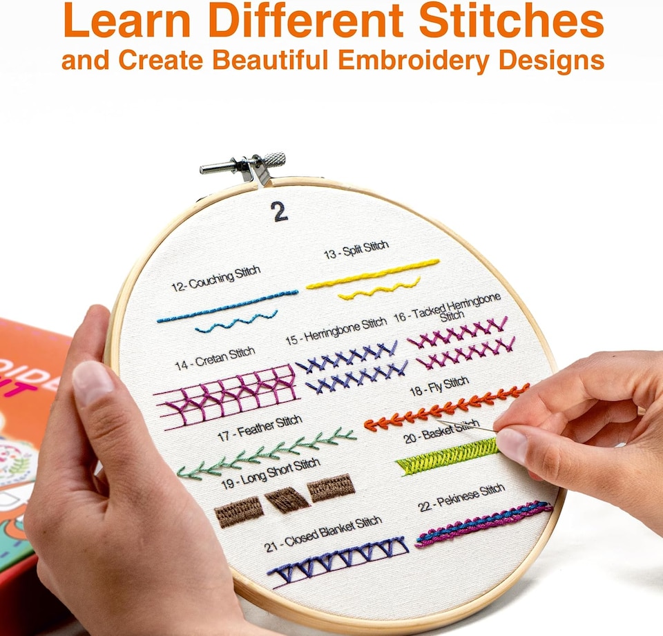 image 1 of Beginner Embroidery Kit (4 Pack) Learn 33 Stitches with Easy DIY Video Tutorials, Coloured Design Patterns, Thread Floss, Cross Stitch Hoop, Gift (AZD200)