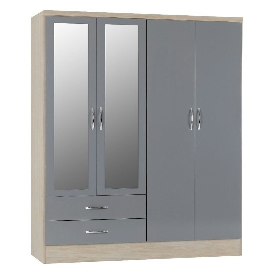 image 1 of Nevada 4 Door 2 Drawer Mirrored Wardrobe Grey