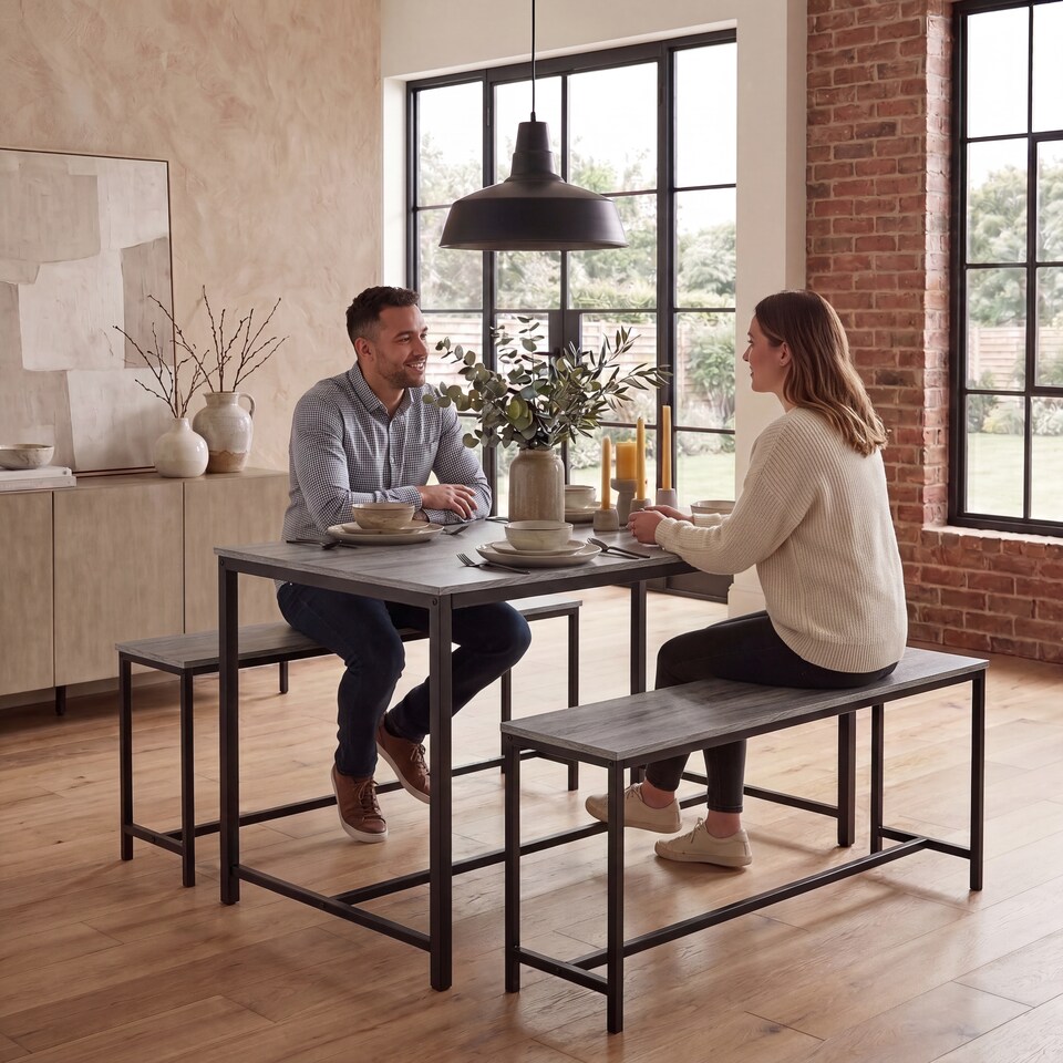 image 1 of Vida Designs Brooklyn 4 Seater Dining Set 3 Piece Table & Bench Set, Dark Wood