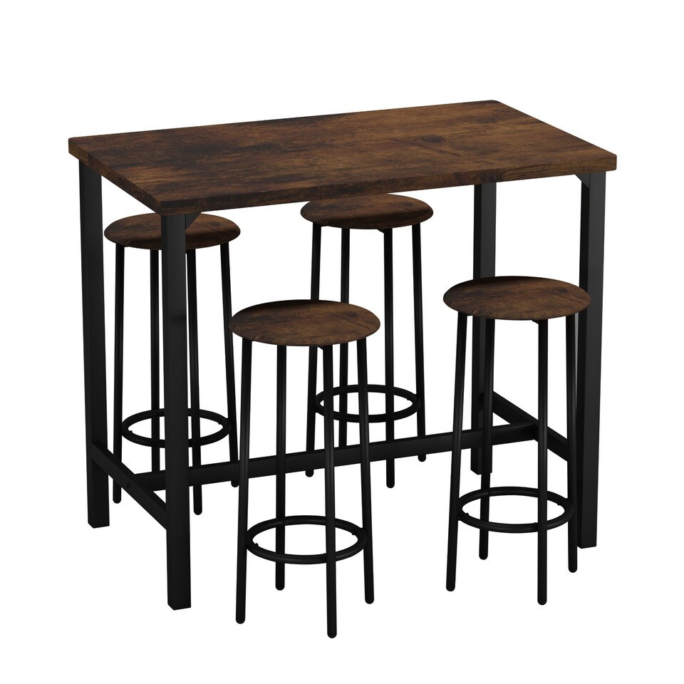 image 1 of CANCUN Bar Table & Stools Set Kitchen Dining Breakfast Industrial Furniture | Multi | 5 Piece Rustic Brown