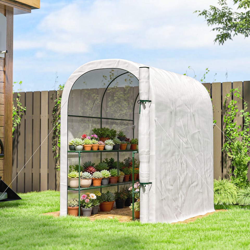 image 1 of Outsunny Walk-in Greenhouse Garden Plant Growhouse with Roll-up Door, White | White | White
