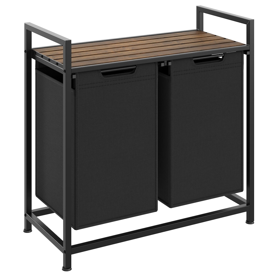 image 1 of Dual Laundry Basket - 2 pull out compartments, wooden folding shelf and high capacity | Black | black/brown | 46 L | 1