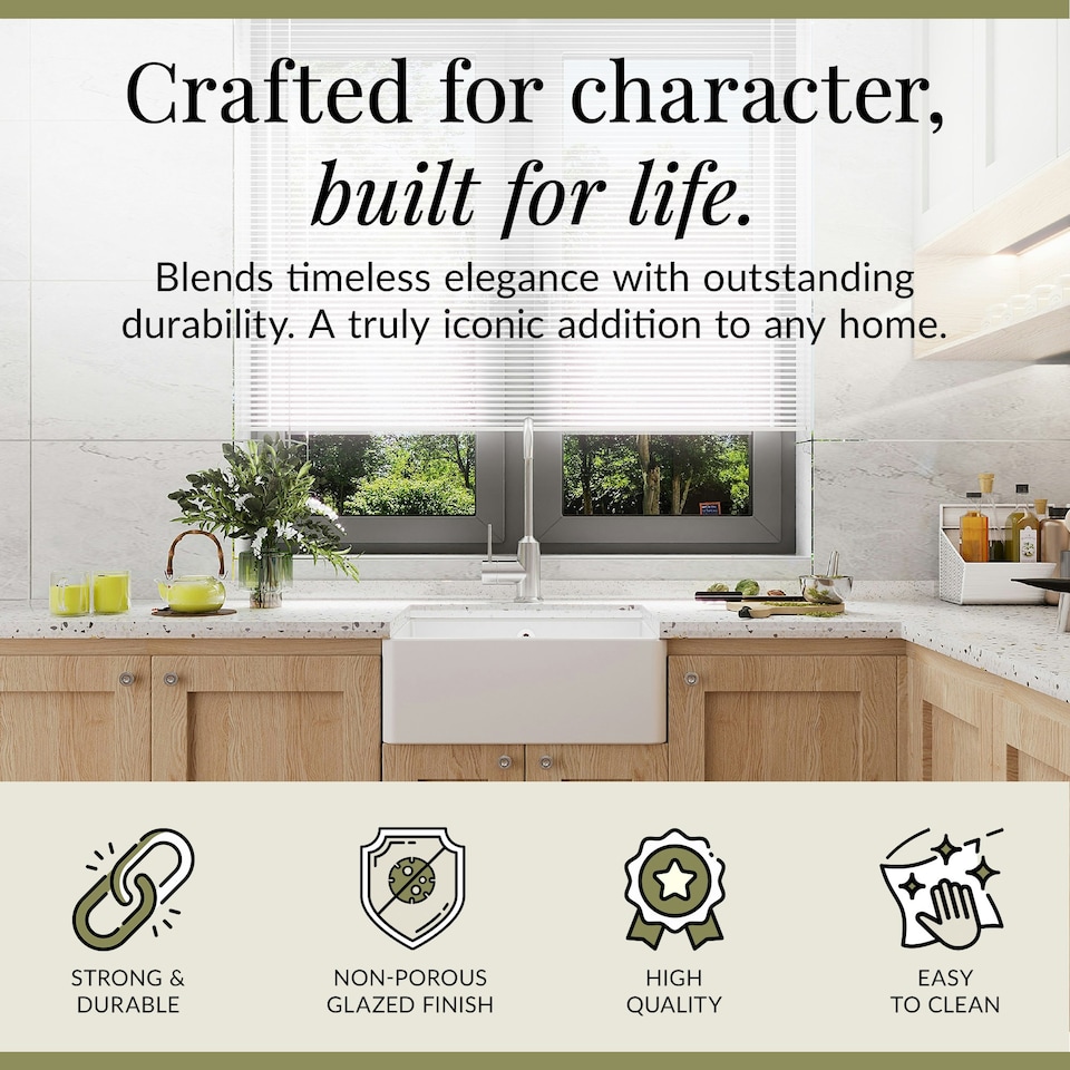 image 1 of Single Bowl Fireclay Butler Kitchen Sink with Overflow with Waste - 595mm