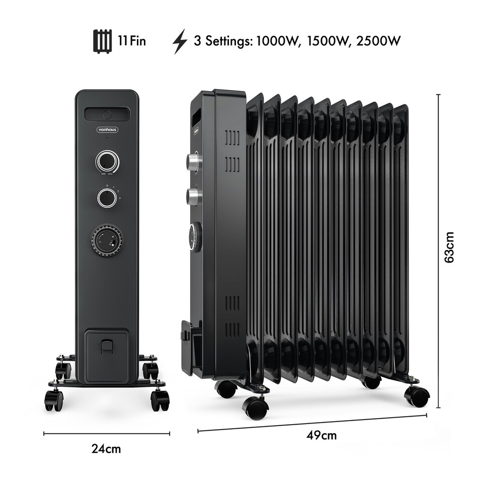 image 1 of VonHaus Oil Filled Radiator 11 Fin Portable Electric Heater Black