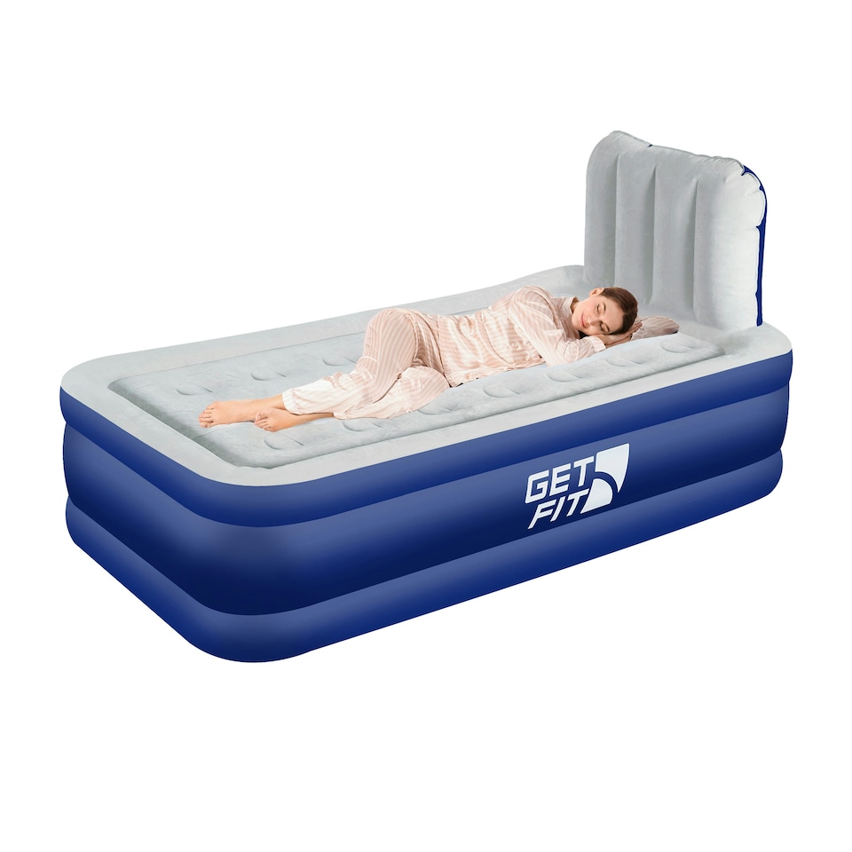 image 1 of Get Fit Air Bed With Built In Electric Pump - Premium Single Airbed - Quick Blow Up Bed With Headboard & Inflatable Pillow - Elevated Air Mattress - Navy/White