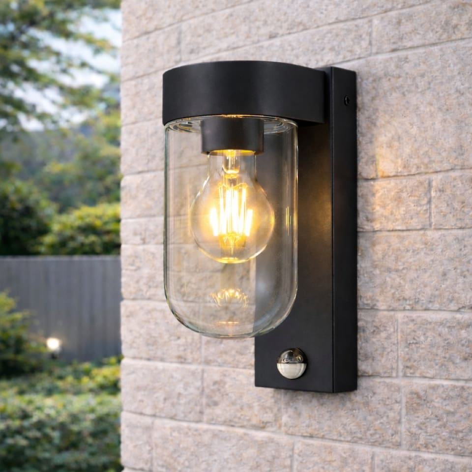 image 1 of CGC Rowan PIR Motion Sensor Black Outdoor Wall Lantern Light, IP54, Clear Diffuser