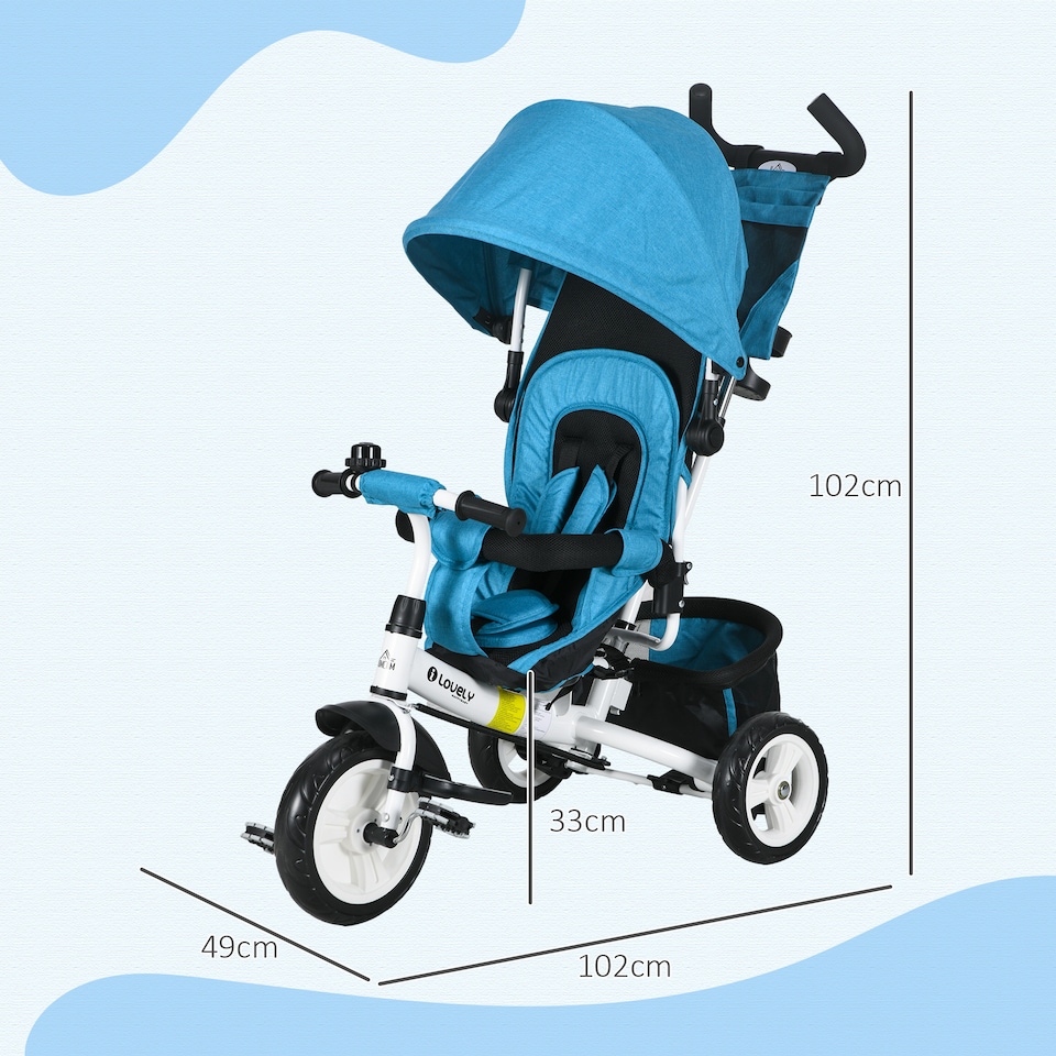 image 1 of HOMCOM 6 in 1 Trike, Kids Tricycle, Pedal Push Bike with Push Handle, Removable Canopy, 5-point Safety Belt, Storage, Cushion, Footrest, Brake, for 1-5 Years Toddler, Blue