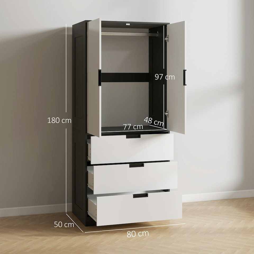 image 1 of HOMCOM Modern Wardrobe White Wardrobe with 3 Drawer and Hanging Rod White | Black