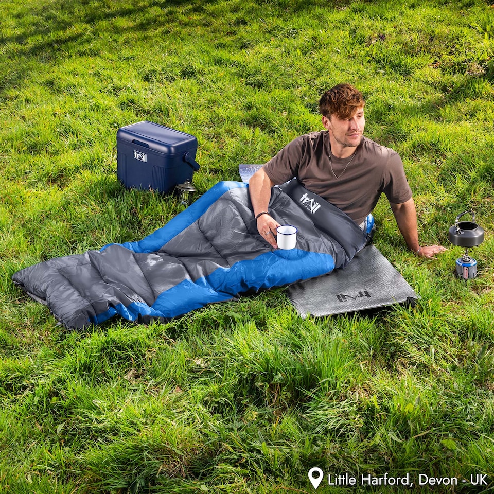 image 1 of Adult Sleeping Bag 3 Season Single Person Warm Hood Carry Bag Trail Alpine 250 | Blue | Single | 1