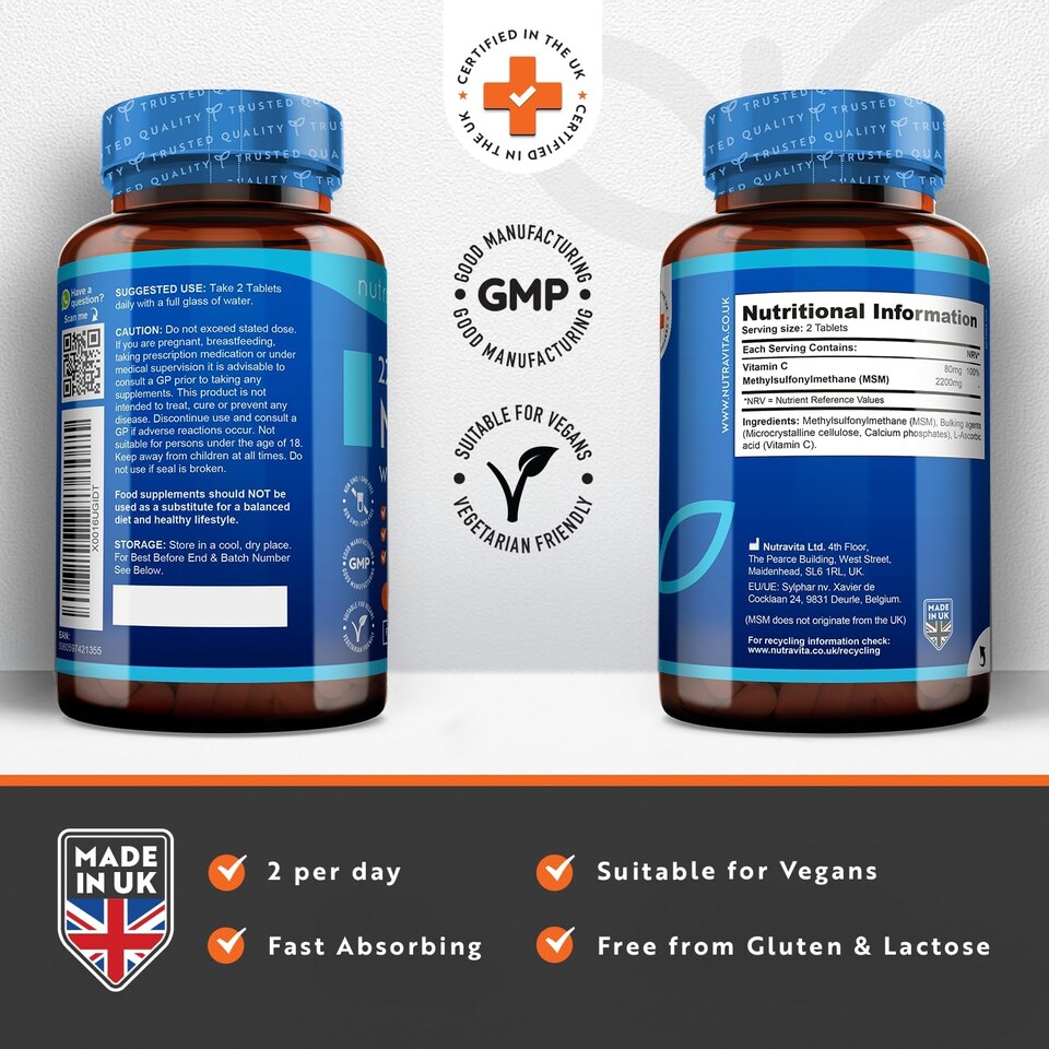 image 1 of Nutravita MSM 2200mg - Methylsulfonylmethane with 80mg Vitamin C Contributes to Normal Collagen Formation - Made in The UK - 365 Vegan Tablets