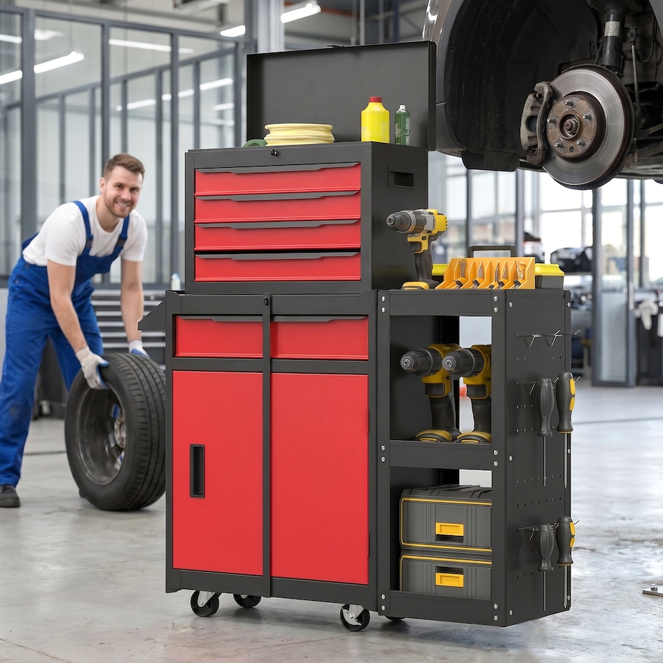 image 1 of HOMCOM Modular Tool Chest, Tool Trolley with Side Rack, Pegboard for Garage