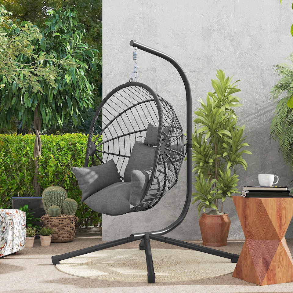 image 1 of Outsunny Outdoor Swing Chair with Thick Padded Cushion, Patio Hanging Chair with Metal Stand, Foldable Basket Egg Chair with Cup Holder, Rope Structure, for Indoor and Outdoor, Grey | Grey