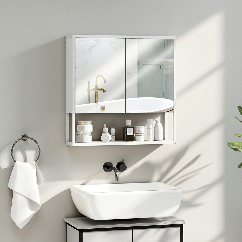 image 1 of HOMCOM Industrial Bathroom Cabinet with 2 Mirrored Doors Open Shelf White