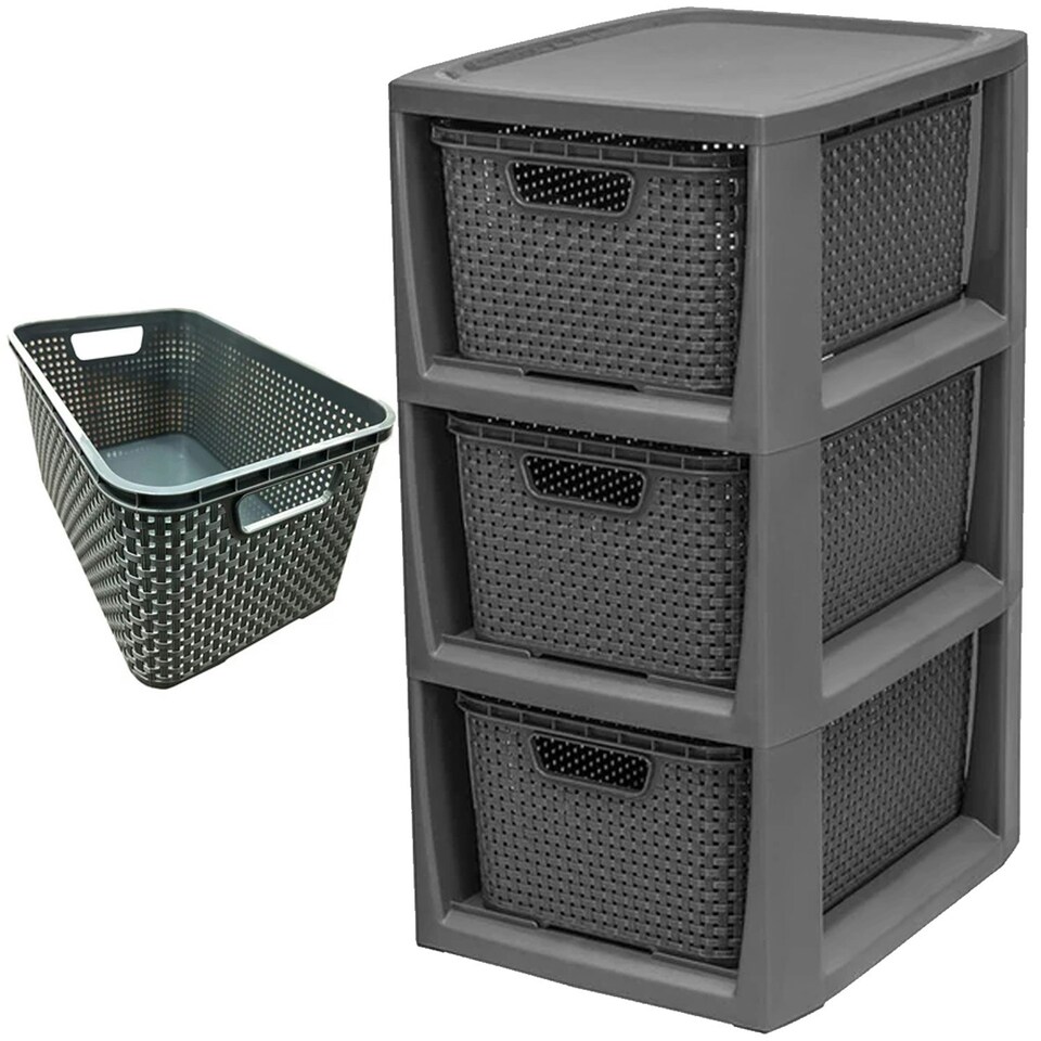 image 1 of 3 Drawer Large Spacious Rattan Effect Grey Home Office Modular Storage Tower Unit Grey