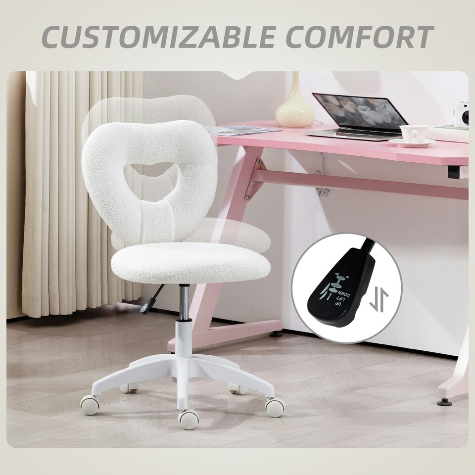image 1 of HOMCOM Armless Heart Desk Chair, Makeup Vanity Chair for Home, White White