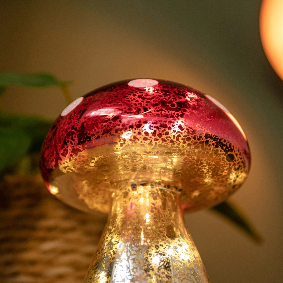 image 1 of Pair of 16cm Battery Light up Christmas Mushroom Decoration with Warm White LEDs