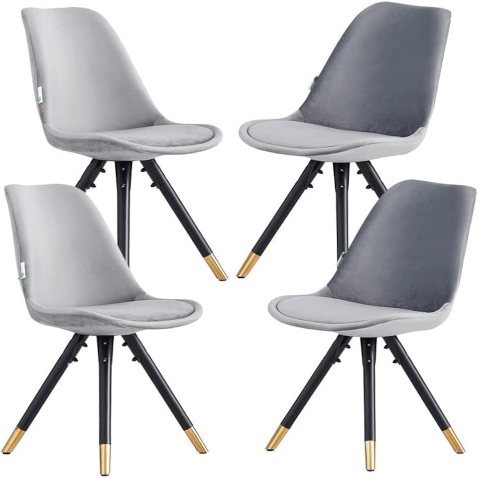 image 1 of Set of 4 Sofia Ergonomic Modern Dining Chairs Upholstered in Velvet, Metal Legs with Gold End Tips | Grey | Light Grey