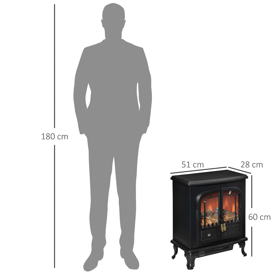 image 1 of HOMCOM Electric Fireplace Stove Heater with LED Fire Flame Effect, Double Door, Freestanding Portable with Overheat Protection, 1000W2000W, Black